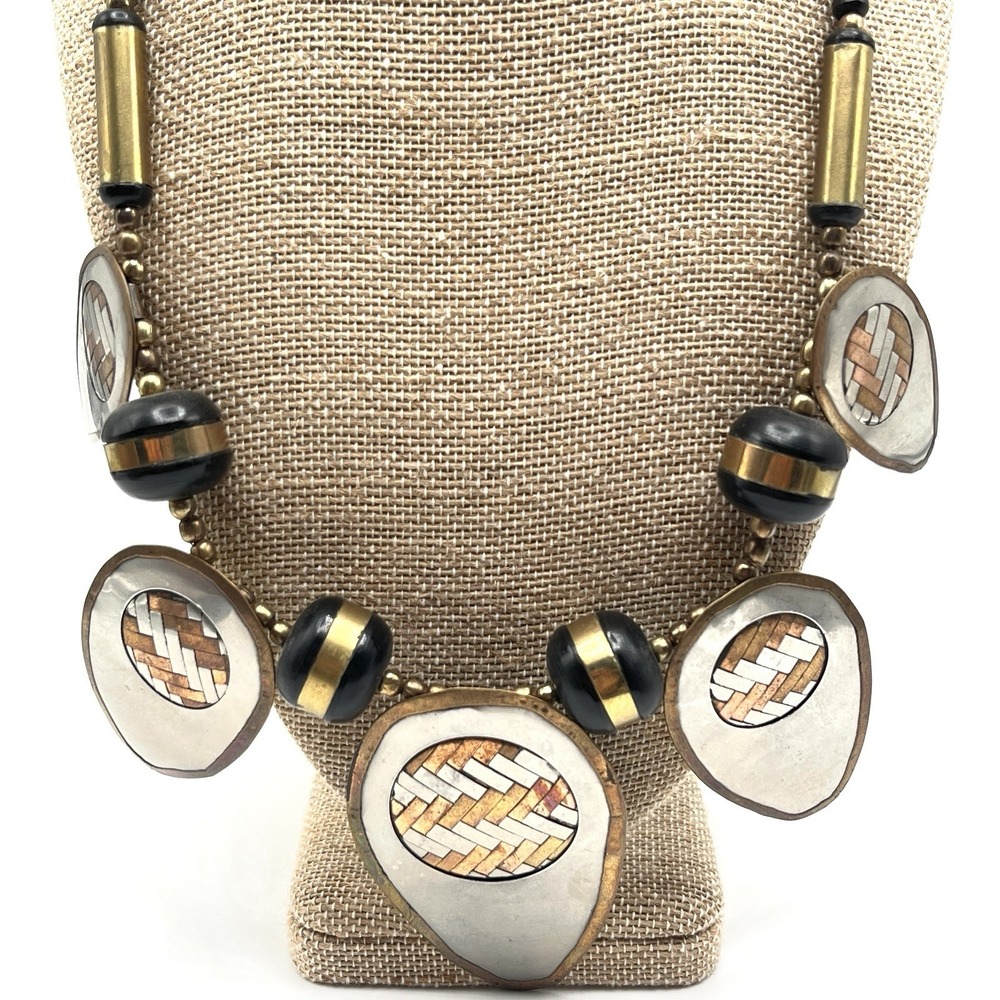 Vintage Mixed Metals Brass & Copper Statement Necklace Woven Bold Boho 19"